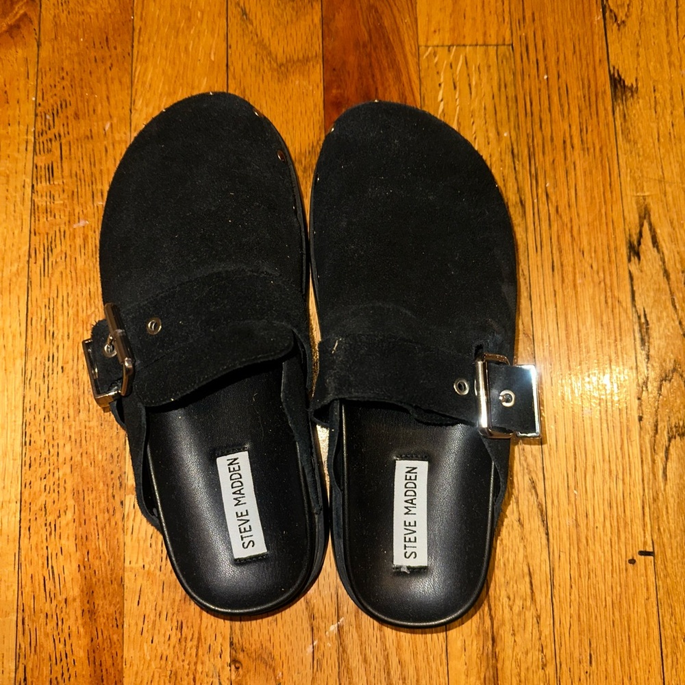 Steve Madden Black Suede Buckle Slide Mules